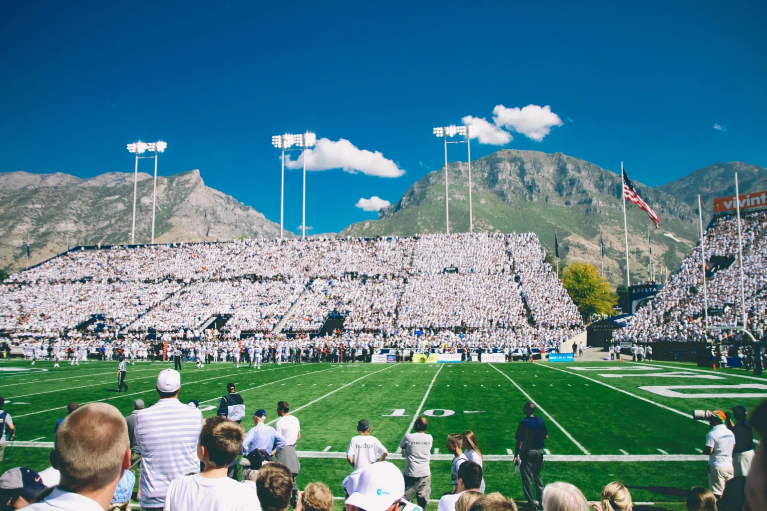 Football field with mountains