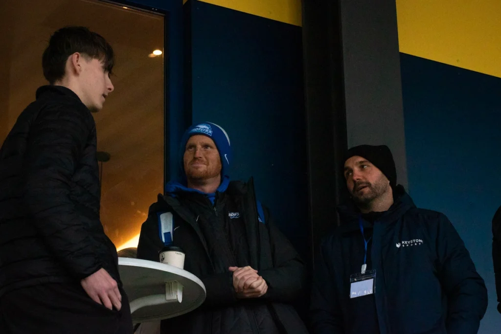 College coach, player, and Keystone Sports consultant speaking at the Keystone Sports College Soccer Showcase