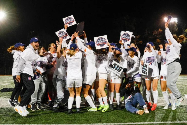 The Missouri Valley College women's soccer team celebrates their 2025 conference title.