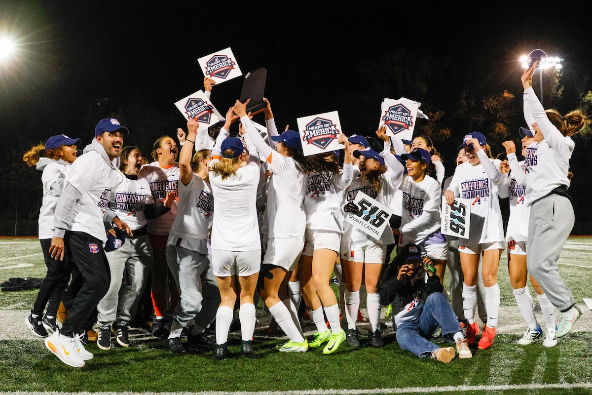 The Missouri Valley College women's soccer team celebrates their 2025 conference title.