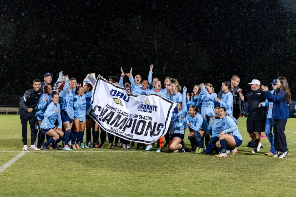 Oral Roberts University women’s football team celebrating the conference title